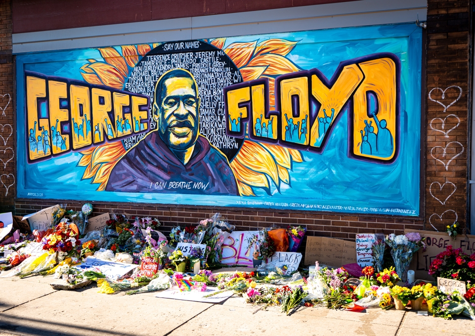 Mural of George Floyd with flowers